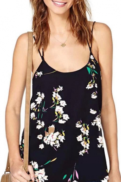 Women's Open Back Adjustable Straps Floral Print Summer Camis Top