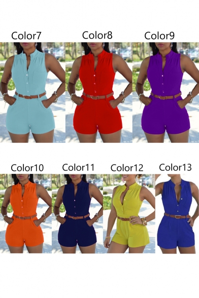 Women's Sexy Sleeveless Plunge V Neck Belted Short Jumpsuit Rompers
