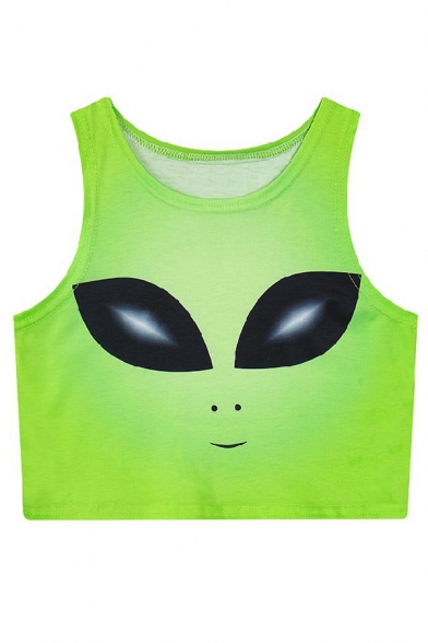 Cute Alien Printed Sleeveless Round Neck Cropped Tank Top