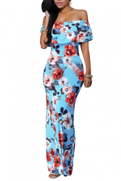 Elegant Flowers Off Shoulder Ruffle Plain Bodycon Long Party Maxi Dress