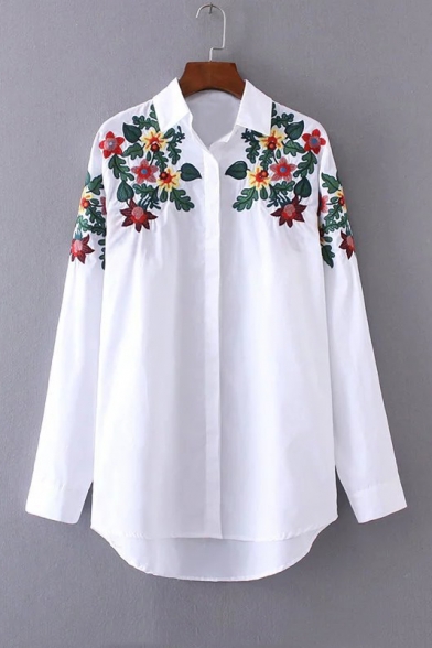 Embroidery Floral Pattern Lapel Single Breasted High Low Hem Button Down Shirt