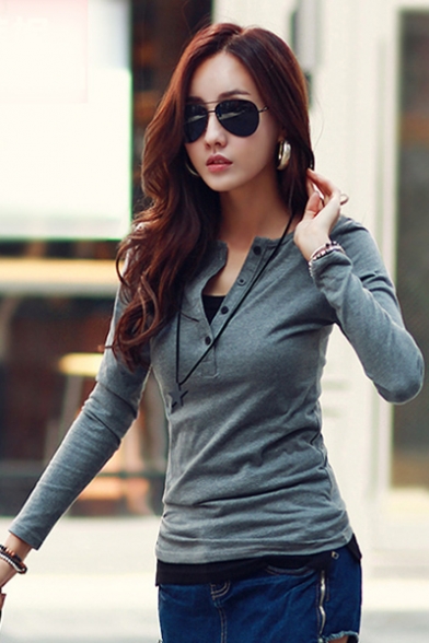 New Arrival V-Neck Long Sleeve Plain T-Shirt with Buttons