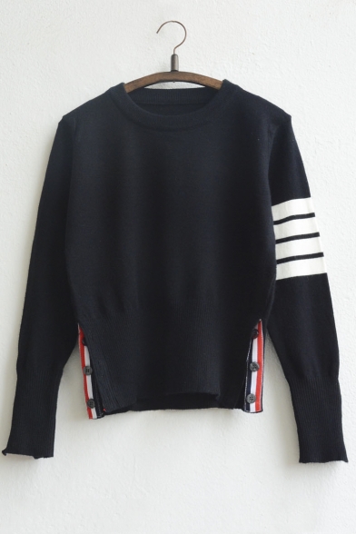 New Stylish Striped in Long Sleeve Button Closure Cuffs and Hem Sweater