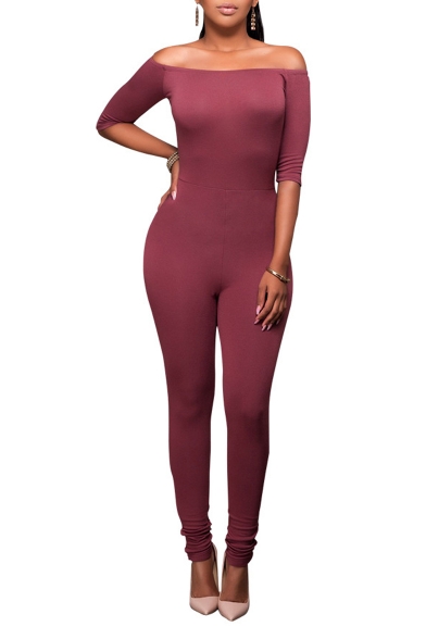 Sexy Off the Shoulder Half Sleeve Plain Bodycon Jumpsuits