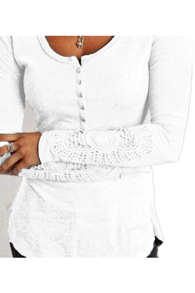 Women's Cutout Lace Floral Pattern in Long Sleeve Round Neck Plain Tee Top with Buttons