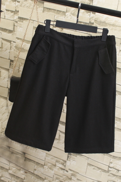 Women's Plain Basic Zip Fly Woolen Shorts with Slant Pockets