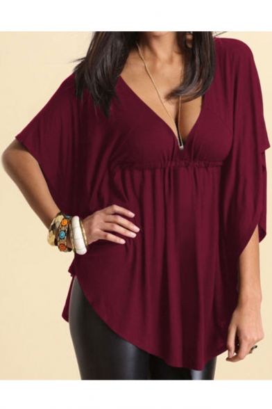 Women Sexy Loose V-neck Batwing Sleeve Tunic Short Sleeve Tops Blouse