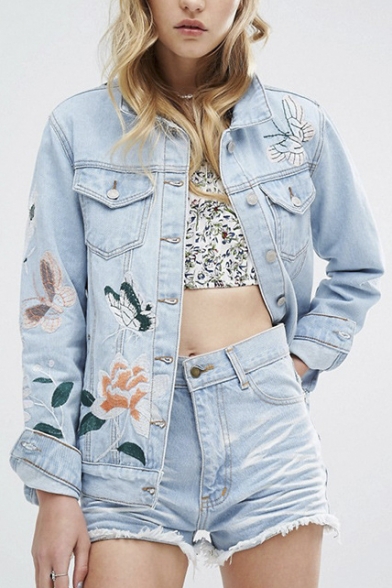 Fashion Lapel Single Breasted Embroidery Butterfly Floral Pattern Denim Coat