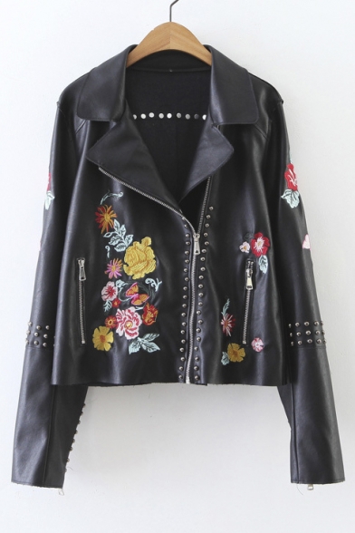 Fashion Notched Lapel Oblique Zipper Embroidery Floral Studded PU Jacket