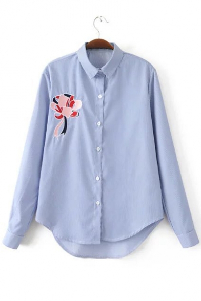 Lapel Single Breasted Embroidery Floral High Low Hem Letter Embroidery in Back Button Down Shirt