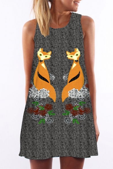 Women's Round Neck Sleeveless Digital Foxes Print Shirts Tank Top Mini Dress