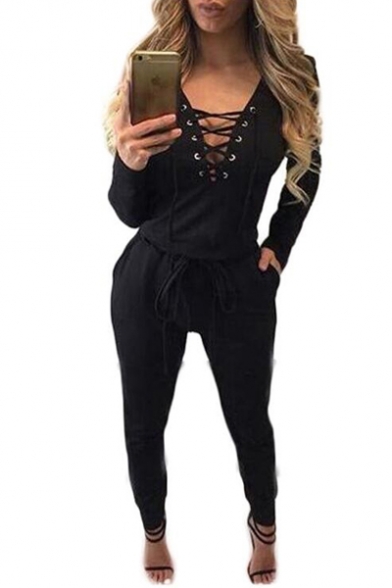 Women's Sexy Lace Up Drawstring One Piece Jumpsuit Rompers