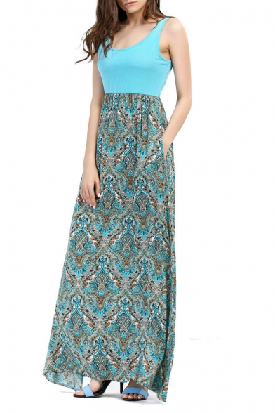Women's Summer Contrast Sleeveless Tank Top Floral Print Maxi Dress