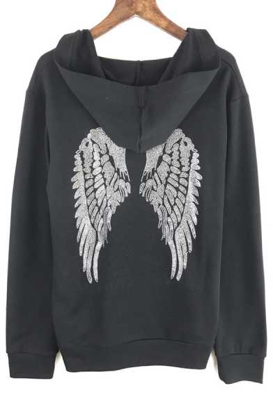 Women's Wing Print Back Long Sleeve V-Neck Casual Hoodie