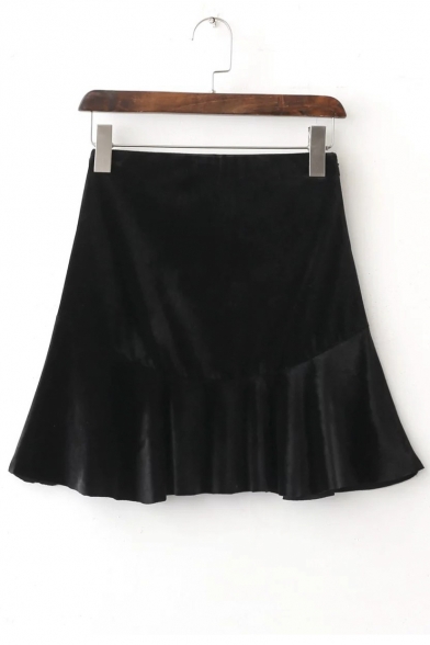 Chic Zip-Side Plain Velvet A-Line Mini Skirt