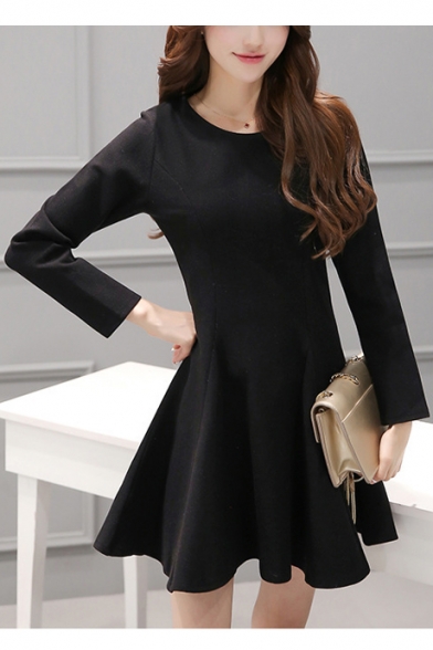 Fashion Elegant Long Sleeve Plain Midi A-Line Dress
