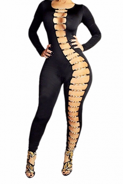 Long Sleeve Hollow Out Sexy Clubwear Women Bodycon Long Jumpsuit Rompers