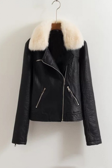 New Stylish Fur Notched Lapel Zipper Placket Plain PU Jacket