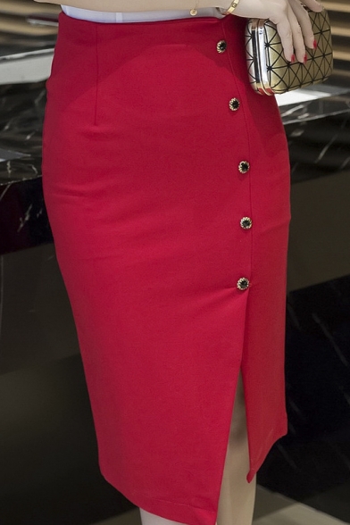 Women's Fashion High Rise Buttons Down Side Bodycon Midi Pencil Skirt -  Beautifulhalo.com