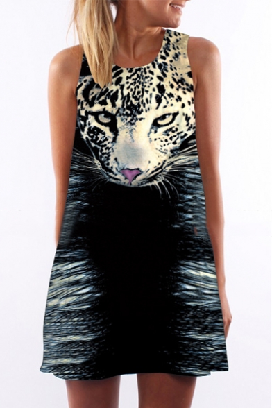 Women's Round Neck Sleeveless Digital Leopard Printed Tank Top Mini Dress