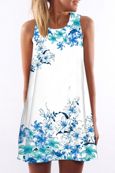 Women's Round Neck Sleeveless Floral Print Tank Top Mini Swing Dress