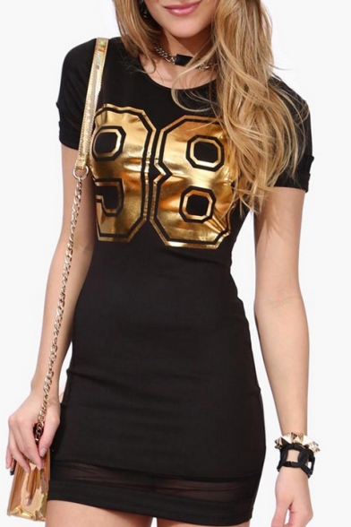 Women's Sexy Mesh Patchwork 98 Number Printed Round Neck Short Sleeve T-Shirt Mini Dress