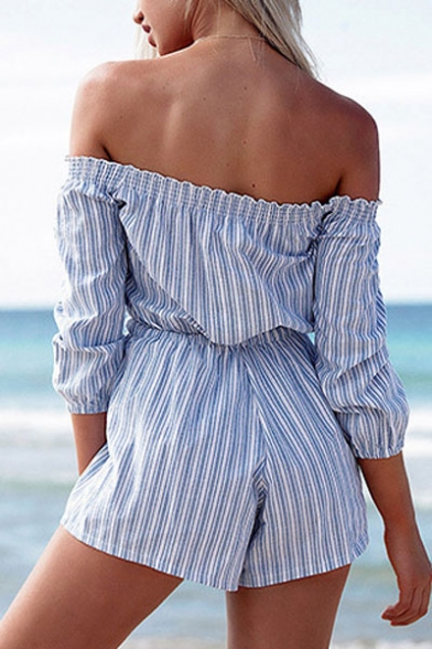 Women's Sexy Off the Shoulder Striped Drawstring Waist Beach Rompers