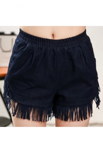 New Stylish Elastic Waist Tassel Trim Denim Shorts with Two Pockets