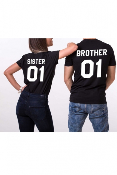 SISTER 01/BROTHER 01 Letter Number Printed Short Sleeve Round Neck Tee Top