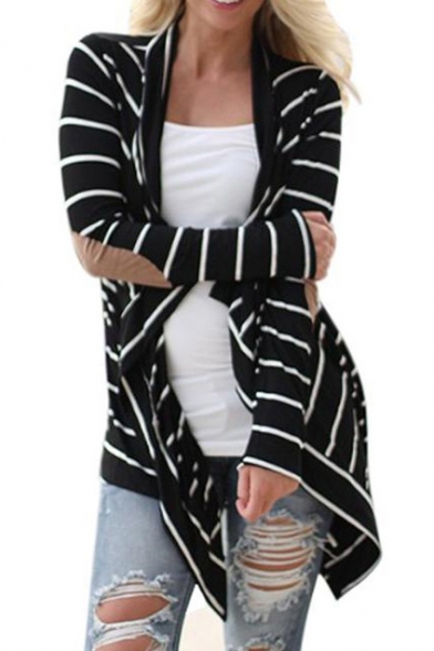 Striped Color Block Applique in Elbow Open-Front Cardigan