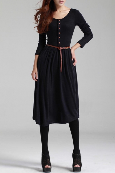 Vintage Round Neck Buttons Down Long Sleeve Knit Midi Dress with Belt