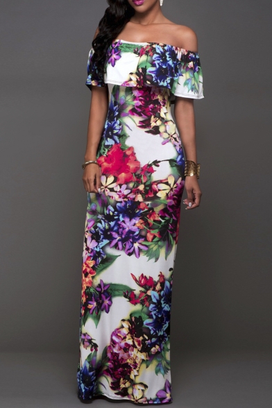 Women's Elegant Floral Off Shoulder Bodycon Party Maxi Dress