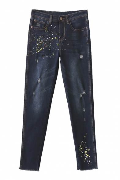 Women's New Printed Ripped Broken Mid Waist Jeans