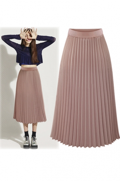 New Fashion High Waist Chiffon Plain Maxi Pleated Skirt