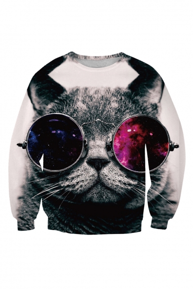 New Stylish 3D Glasses Cat Printed Round Neck Color Block Pullover Sweatshirt