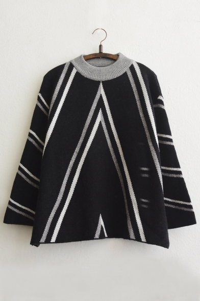 New Stylish Contrast Round Neck Striped Split Sides Color Block Sweater