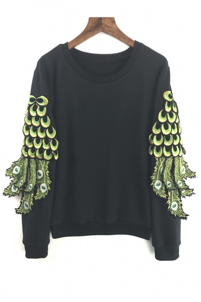 New Stylish Embellished with Peacock Feather in Sleeve Pullover Sweatshirt