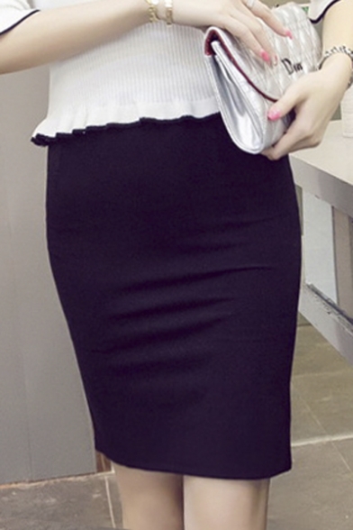Office Lady High Rise Plain Slit Back Wrap Pencil Mini Skirt