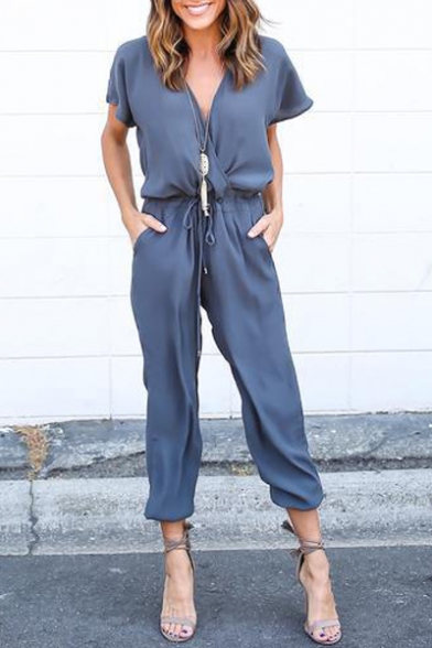 Women Casual Short Sleeve Drawstring Rompers Jumpsuits
