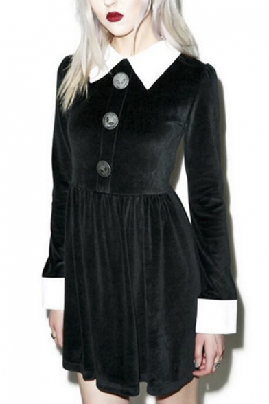 Women's Contrast Lapel and Cuffs A-Line Mini Dress with Buttons