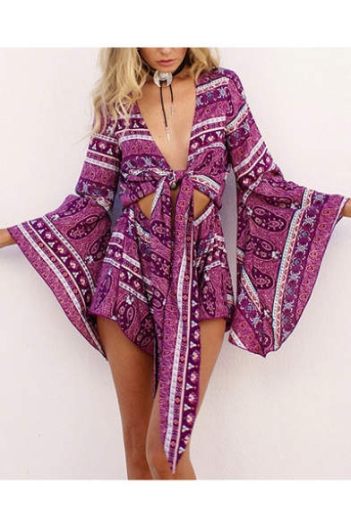 Women's Holiday Plunge Neck Flare Sleeve Knots Front Tribal Print Casual Rompers