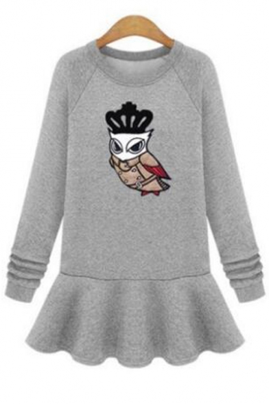 Women's Owl Print Round Neck Long Sleeve Ruffle Hem Sweatshirt Dress