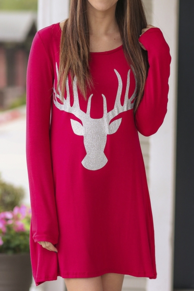 Women's Round Neck Long Sleeve Christmas Deer Print Party Dress