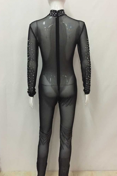 Women's Sexy Mesh See Through Rhinestone Bodycon Clubwear Jumpsuit Romper