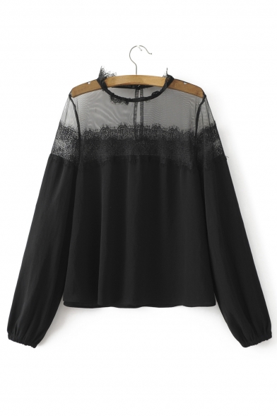 Women's Sexy Sheer Gauze Patched Round Neck Long Sleeve Casual Blouse