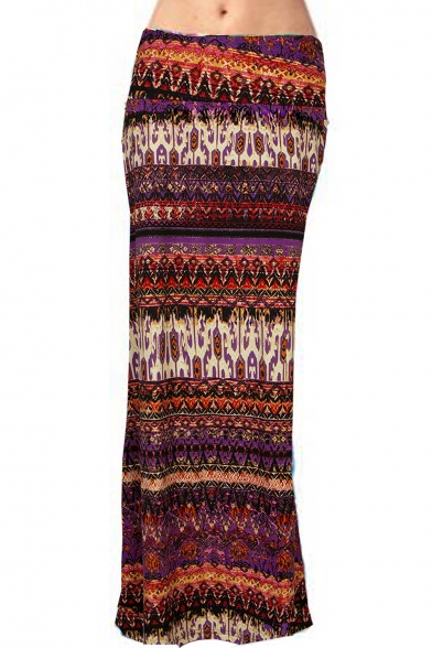 Fashion Striped Tribal Printed Color Block Maxi Bodycon Skirt