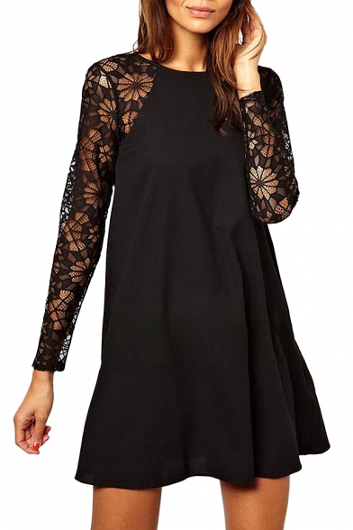 Round Neck Lace Insert Long Sleeve Dress in Button Details