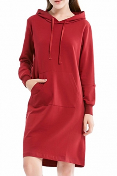 Women's Fashion Plain Long Sleeve Casual Loose Shift Hoodie Dress