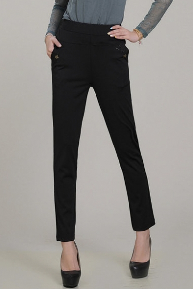 Women's High Rise Elastic Waist Basic Relaxed Pants with Pockets