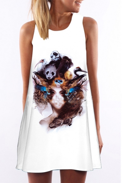 Women's Round Neck Sleeveless Digital Print Tank Top Mini Dress